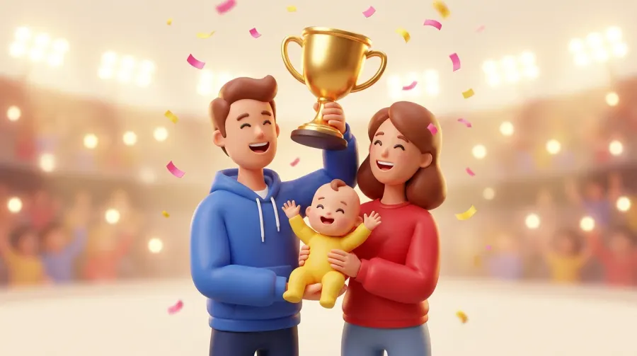 Family fan-zone result with team colors, trophy and victory scene