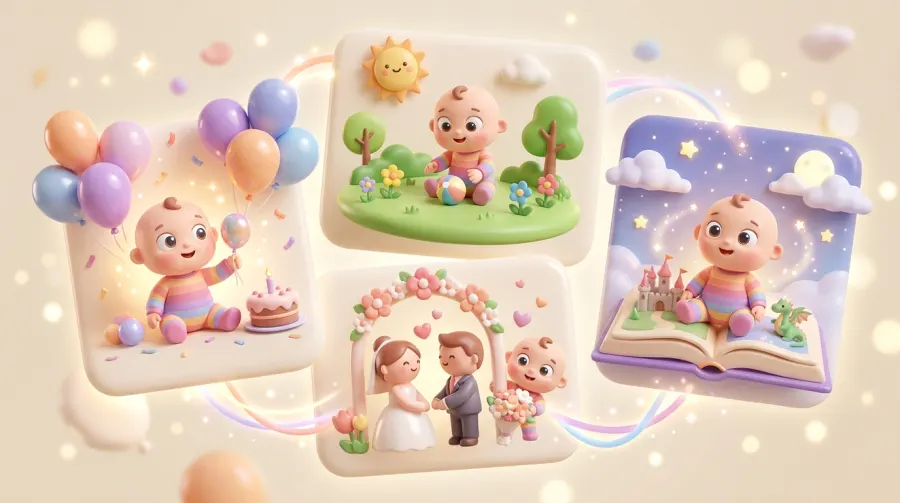 Grid of themed photo preset scenes: birthday, park, wedding, family