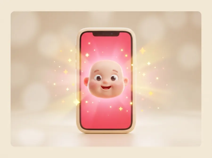 Generated AI baby face revealed inside the phone after tapping Start Prediction