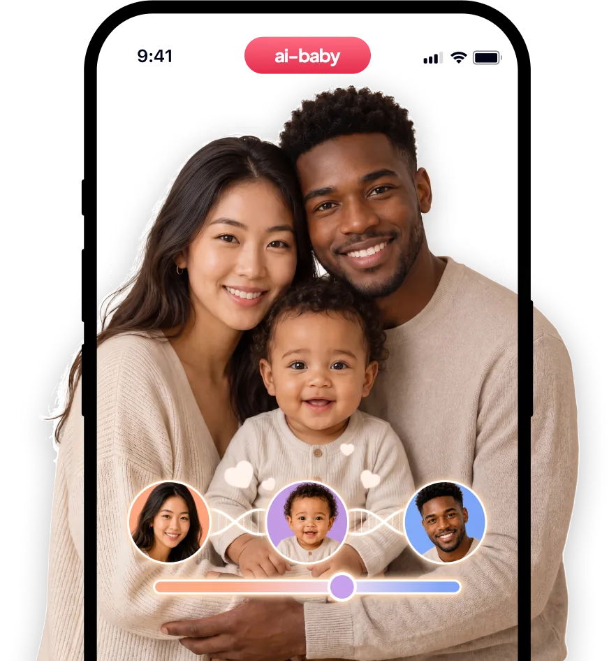 Phone showing an AI-generated family: mother, father and their blended baby